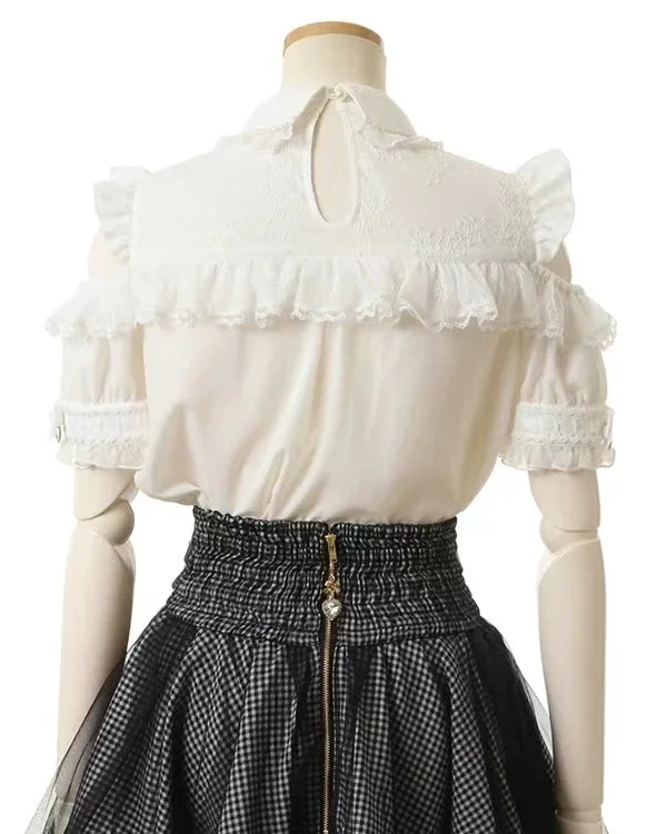 Japanese Liz Mine Women's Shirt Summer Off Shoulder Big Bow Short Sleeve Top Cute Girl BlousesHigh Waist Skirt 2 Piece Skirt Set SS69