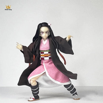 Handmade 1/12 Classic Anime Character Kamado Nezuko Coffee Colored Kimono Pink Skirt Set Fit shf Action Figures Body Model SS69