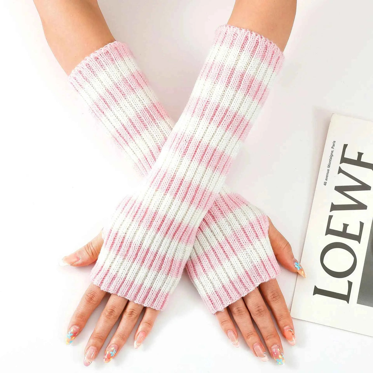 Women's Knitted Fingerless Arm Sleeves Gothic Style Striped Winter Long Arm Warmers Girls Harajuku Y2K Fashion Wrist Gloves