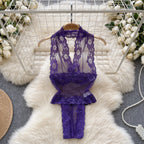 Women Hotsweet Sexy Drawstring Lace Up Design Halter Playsuits Fashion Transparent Bodysuits Slim Hollow Out Summer Rompers  New