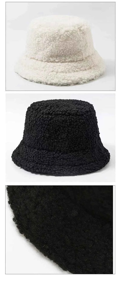 Unisex Harajuku Bucket Hat Solid Men Fishing Fisherman Hat Autumn Winter Lamb Wool Outdoor Warm Panama Cap For Women