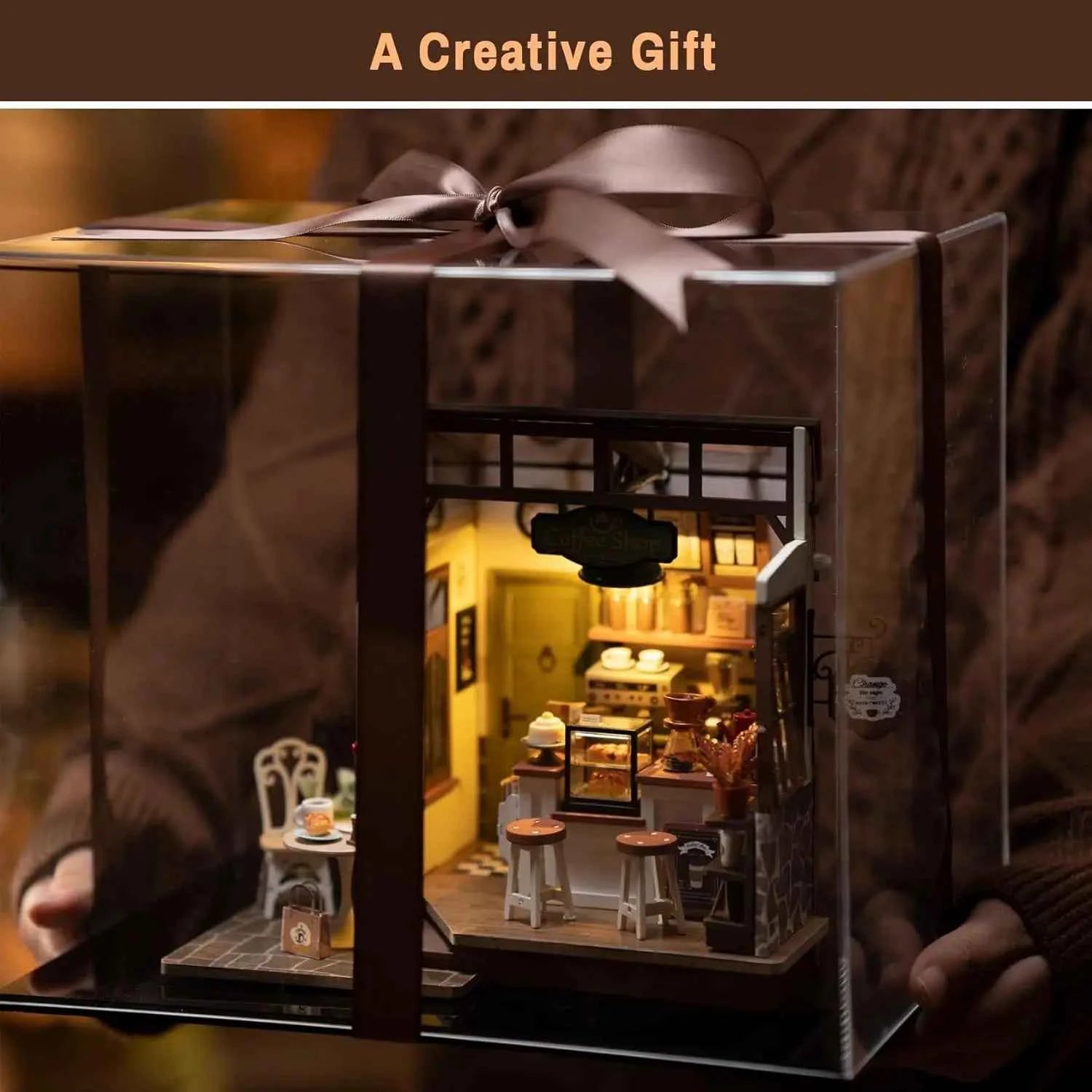 Robotime DIY Wooden Dollhouse Set  NO.17 Coffee Model Building Set with Accessories and LED Model Kit for Adult and Children