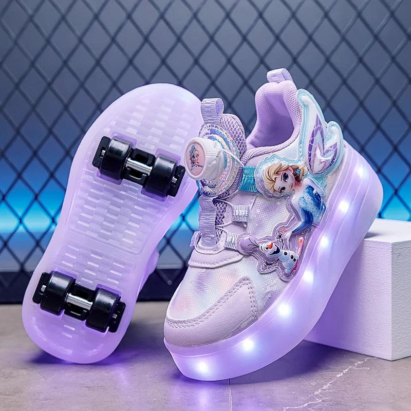 Disney Princess Two Wheels Children's Led Light Roller Skate Shoes For Girls 2025 Glowing Sports Luminous Sneakers