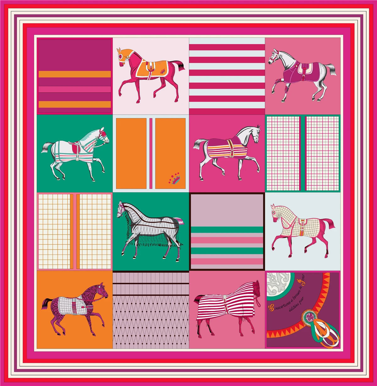 90cm Classic Checkered Horse Brand Square Scarf Women Twill Silk Scarf Shawl Hijab Luxury Bandana Foulard Neckerchief Head Scarf SS69
