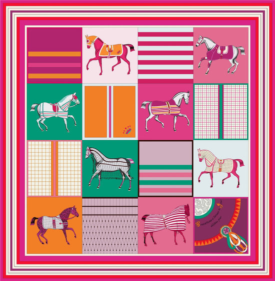 90cm Classic Checkered Horse Brand Square Scarf Women Twill Silk Scarf Shawl Hijab Luxury Bandana Foulard Neckerchief Head Scarf SS69