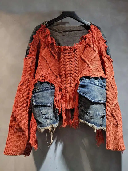 DEAT Women's Patchwork Denim Pullover Sweater, Long Sleeve Loose Knit Top