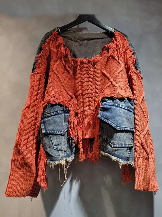 DEAT Women's Patchwork Denim Pullover Sweater, Long Sleeve Loose Knit Top