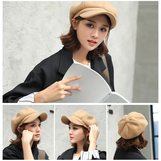 Solid Color Korean Style Woolen Octagonal Hat for Women Autumn/Winter New Style Duckbill Beret, Trendy British Style Painter Hat