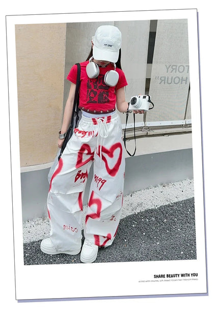 summer junior Girls Love Graffiti Casual Pants teenager girl Casual Hip Hop cargo pants kids Dance pants children clothes SS69