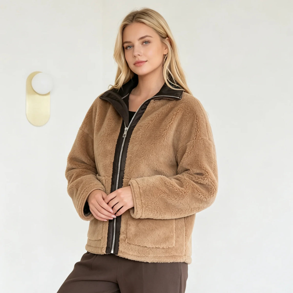 PUAL Women's Fuzzy Fleece Zip-Up Jacket with High Collar & Big Pockets