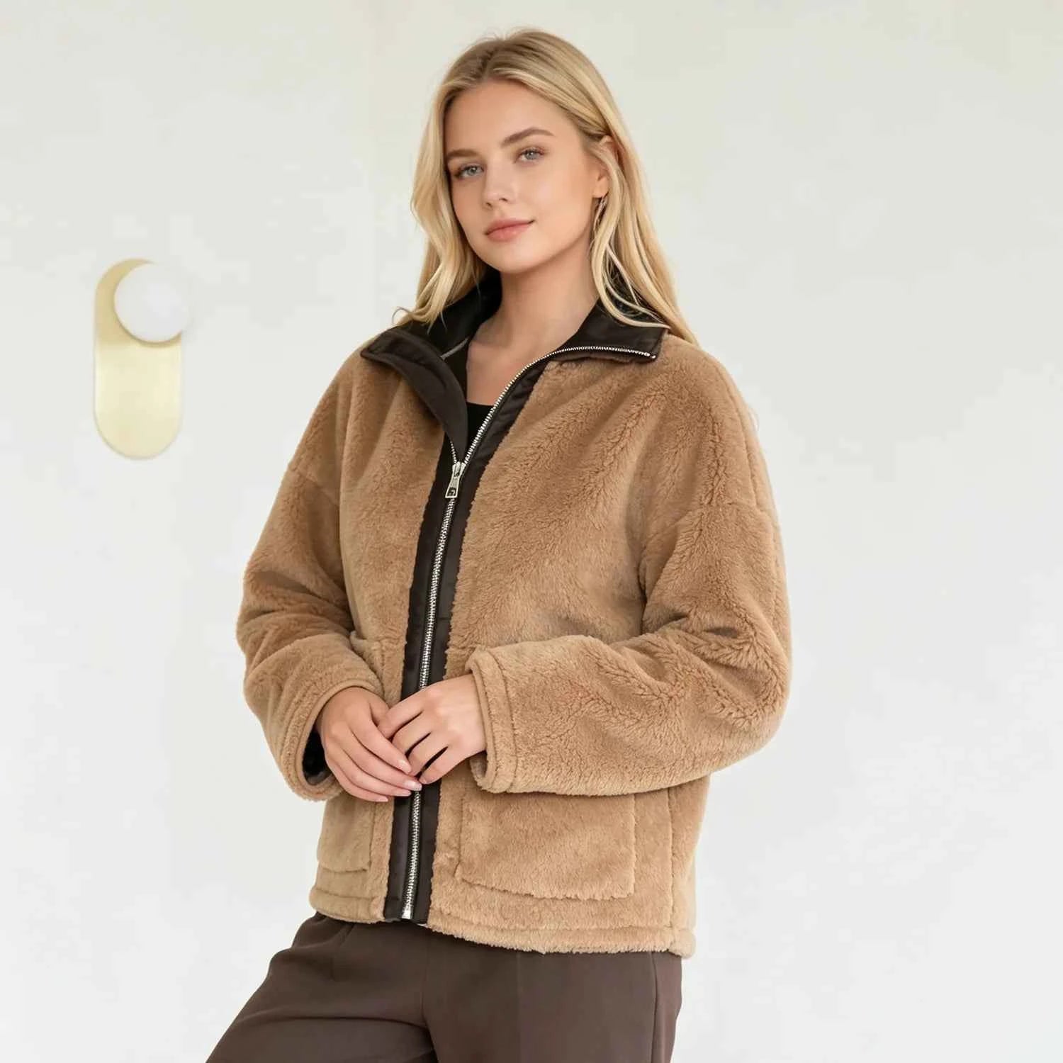 PUAL  2026 new fuzzy fleece zip up jacket, high collar, big pockets, warm casual short outerwear, cozy winter women plush coat