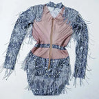 Custom rhinestones bodysuit tassels women Celebrate stage Team pole dance club party fashion leotard clothing