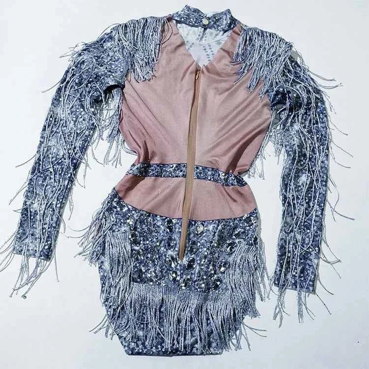 Custom rhinestones bodysuit tassels women Celebrate stage Team pole dance club party fashion leotard clothing