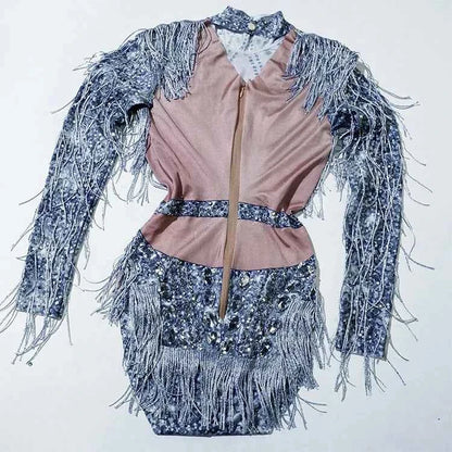 Custom rhinestones bodysuit tassels women Celebrate stage Team pole dance club party fashion leotard clothing