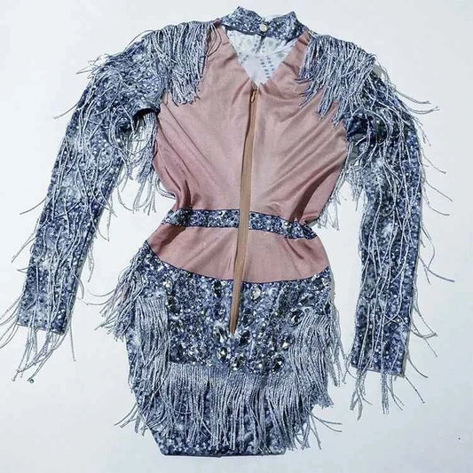 Custom rhinestones bodysuit tassels women Celebrate stage Team pole dance club party fashion leotard clothing