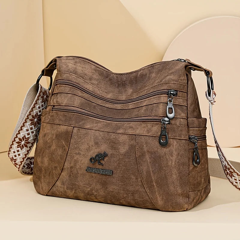 FXZLLQCN Vintage Faux Leather Multi-Layer Crossbody Bag with Zipper Closure