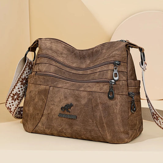 FXZLLQCN Vintage Faux Leather Multi-Layer Crossbody Bag with Zipper Closure
