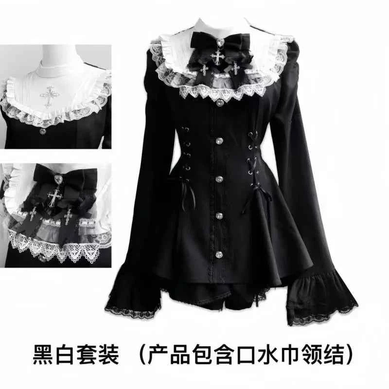 2025 Autumn Gothic Lolita Dress Sweet Heart Black Bow - Elegant Long Sleeve Short Dress with Lace Trim Slim Fit Waist for Women