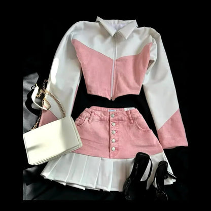 Fashion Trendy Leather Suit Twopiece Set Women Y2k Harajuku Gothic Heart Shaped Short Jacket Denim Splicing Sexy Miniskirt Suit SS69 52.69 Two piece set3 / M