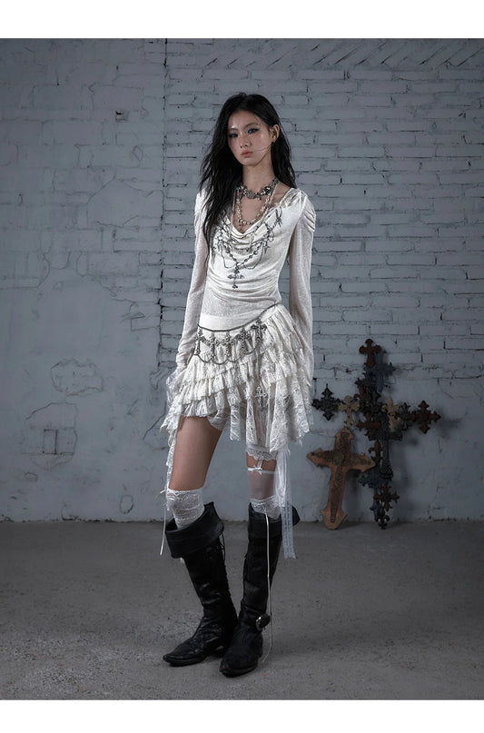 NO ROMANCE Fairy Sexy Punk Printing Half Transparent Lace Patch Knitted Long Sleeve Hooded Dresses Rock Gothic Design Vestidos SS69