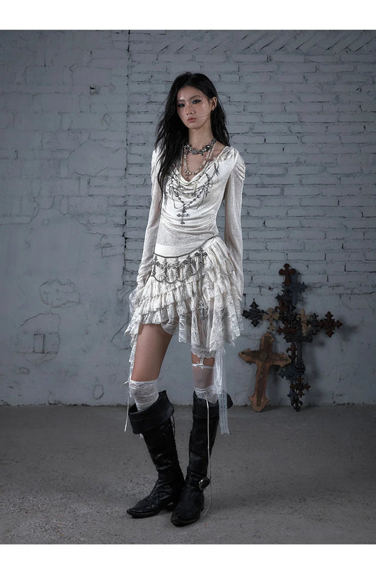 NO ROMANCE Fairy Sexy Punk Printing Half Transparent Lace Patch Knitted Long Sleeve Hooded Dresses Rock Gothic Design Vestidos SS69