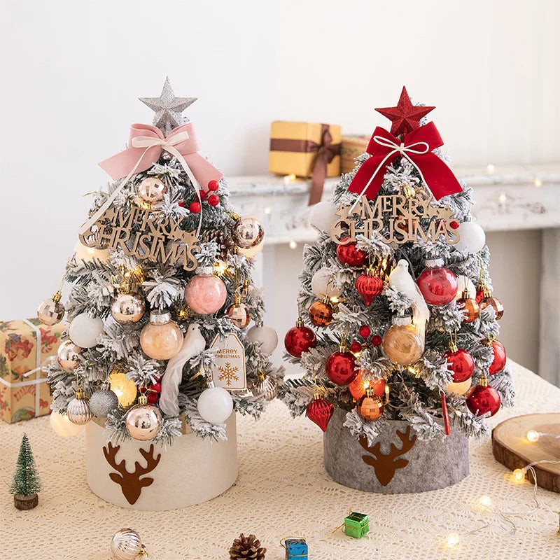 45/60cm Mini Christmas Tree With Lights DIY Desktop Golden Red Christmas Decorations 2024 New Year Home Party Windows Ornaments SS69