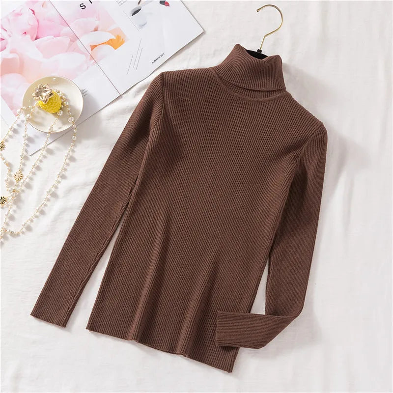 2025 Autumn Winter Women Long Sleeve Knitted Foldover Turtleneck Ribbed Pull Sweater Soft Warm Femme Jumper Pullover Clothes SS69 13.69 One Size / coffee