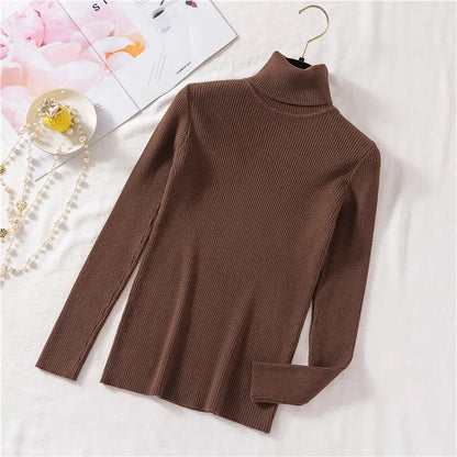 2025 Autumn Winter Women Long Sleeve Knitted Foldover Turtleneck Ribbed Pull Sweater Soft Warm Femme Jumper Pullover Clothes SS69 13.69 One Size / coffee