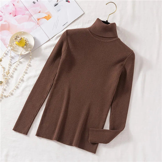 2025 Autumn Winter Women Long Sleeve Knitted Foldover Turtleneck Ribbed Pull Sweater Soft Warm Femme Jumper Pullover Clothes SS69 13.69 One Size / coffee