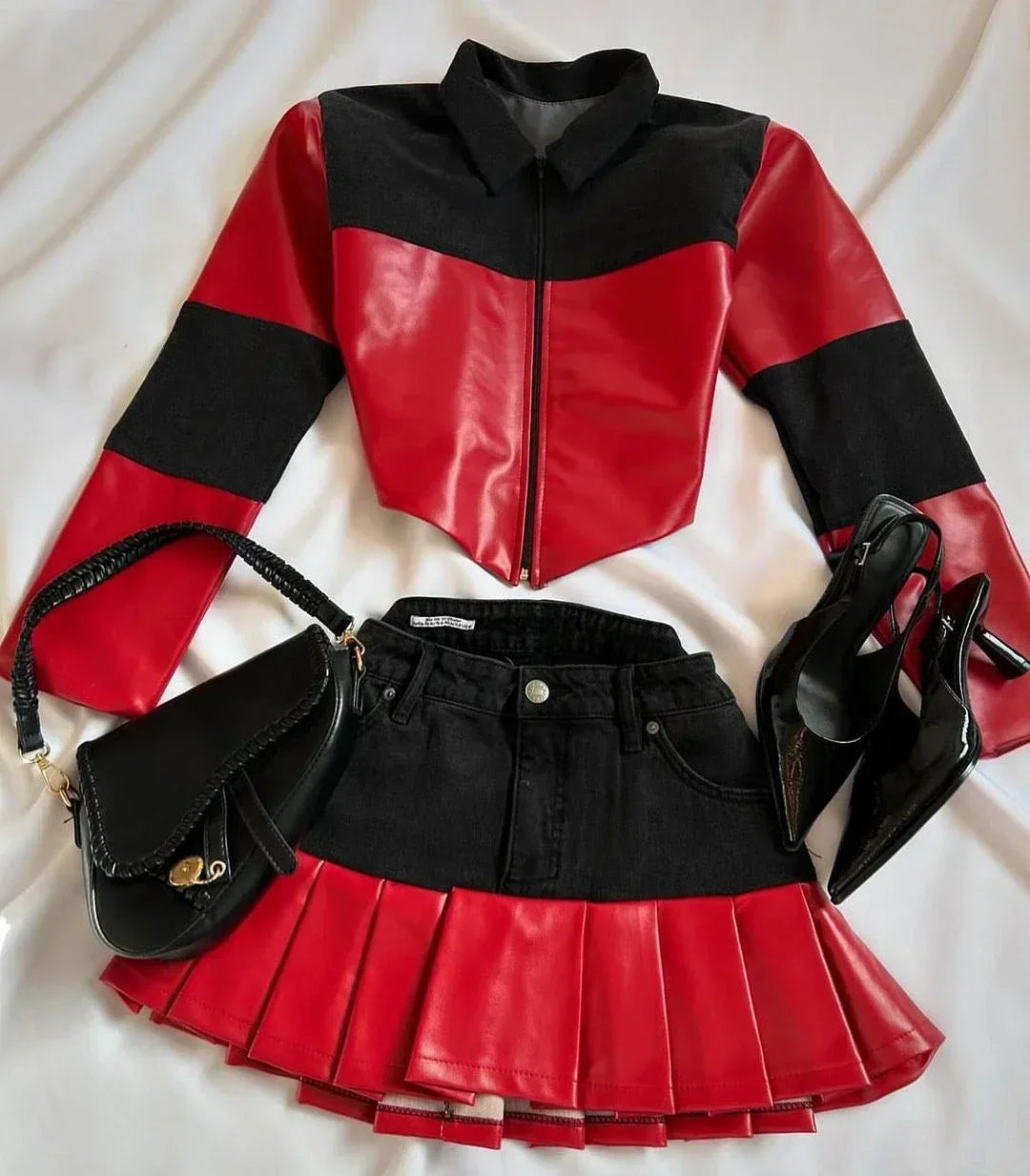 Fashion Trendy Leather Suit Twopiece Set Women Y2k Harajuku Gothic Heart Shaped Short Jacket Denim Splicing Sexy Miniskirt Suit SS69 52.69 Two piece set2 / S