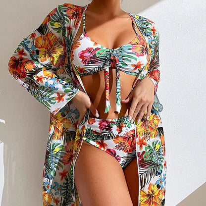 Size S-3XL Bikini Three Pieces Floral Printed Swimsuit Women Bikini Set With Mesh Long-Sleeved Blouse,Bra Top with Pad Swimwear SS69