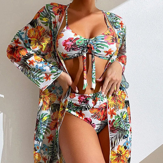 Size S-3XL Bikini Three Pieces Floral Printed Swimsuit Women Bikini Set With Mesh Long-Sleeved Blouse,Bra Top with Pad Swimwear SS69