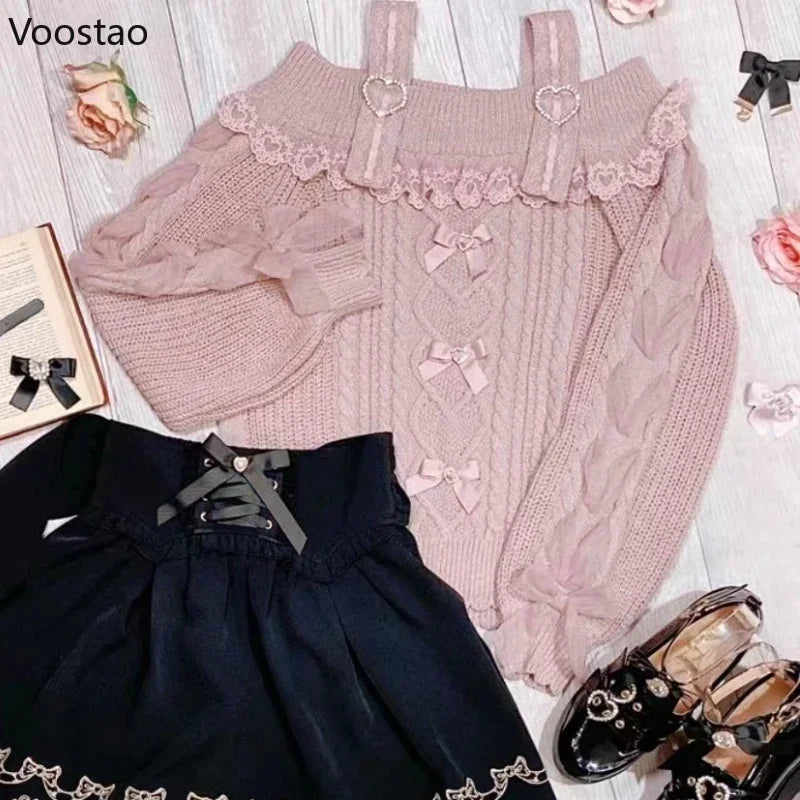 SS69 Vintage Sweet Lolita Knit Pullover with Lace Ruffles and Bows