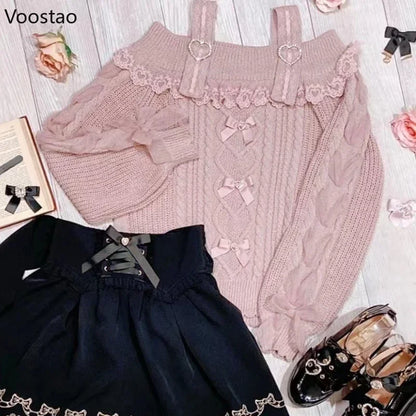 SS69 Vintage Sweet Lolita Knit Pullover with Lace Ruffles and Bows