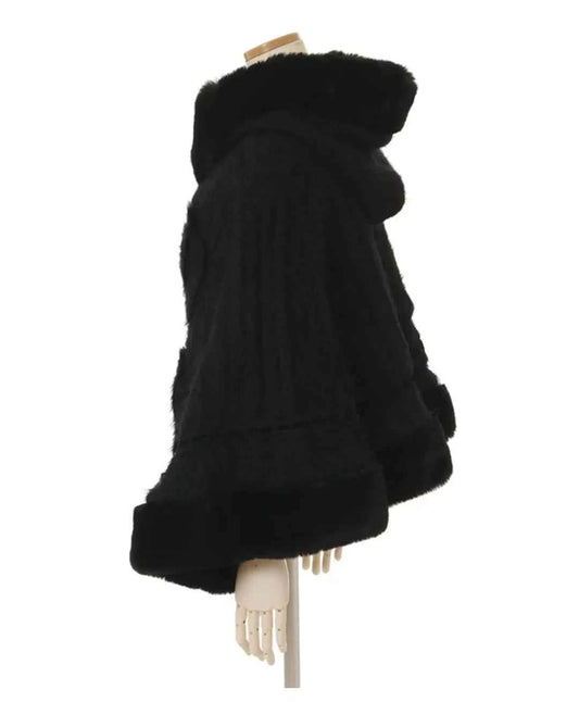 Japanese Sweet Soft Thick Women's Double-Layer Big Ribbon Hooded Knitted Cloak 3 Colors Autumn and Winter Ponchos Warm Jacket