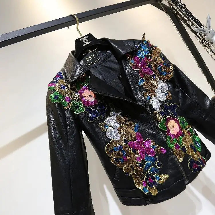 Chic Floral Sequined Embroidery Faux Leather Jacket Short Locomotive PU Coat Diamonds Beaded Turn Down Collar Zippers Streetwear SS69