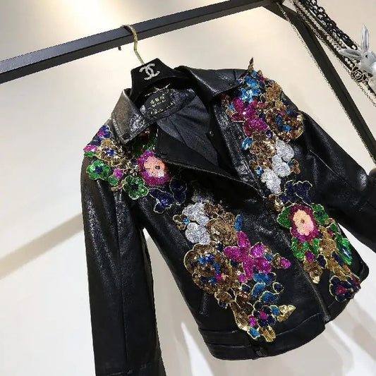 Chic Floral Sequined Embroidery Faux Leather Jacket Short Locomotive PU Coat Diamonds Beaded Turn Down Collar Zippers Streetwear SS69