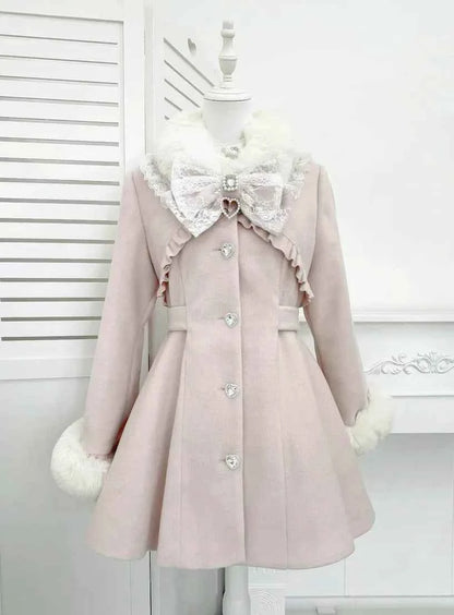 Japanese Mass-Produced Long Wool Collar Coat 20% Wool Waist-Cinching Sweet Girl Long Sleeve Slim Fit Elegant Lolita Woolen Coat