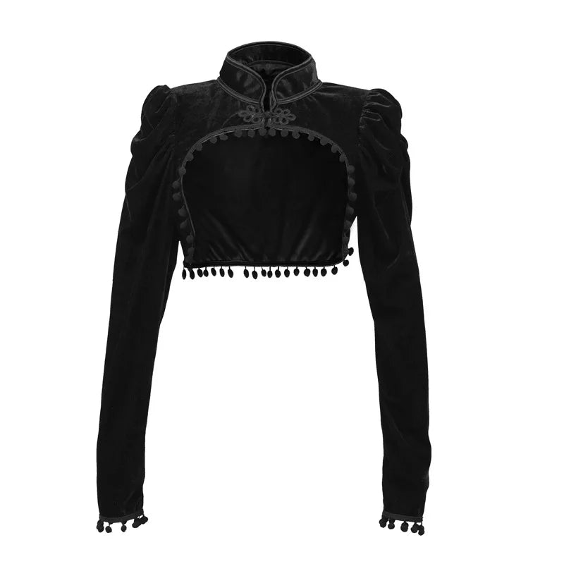 Medieval Steampunk Jacket Black Tassel Stand Collar Short Top Women Gothic Coat Navel-exposed Long Sleeve Retro Slim Fit Coats SS69