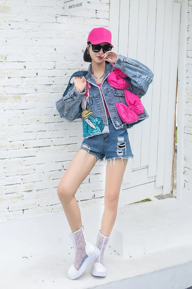 Fashion Brand Jeans Coat Women's Spring Autumn New Heavy Industry Cartoon Sequins Chaqueta High Street Loose-Fitting Denim Coats SS69