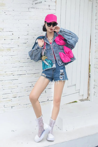 Fashion Brand Jeans Coat Women's Spring Autumn New Heavy Industry Cartoon Sequins Chaqueta High Street Loose-Fitting Denim Coats SS69