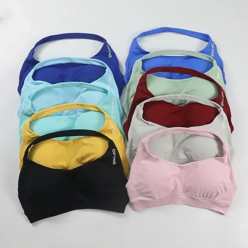 Dfyne Impact Sports Bra Women Seamless Halter Neck Strap Bras with Logo Padded Open Back Yoga Bra Medium Support Gym Crop Top SS69