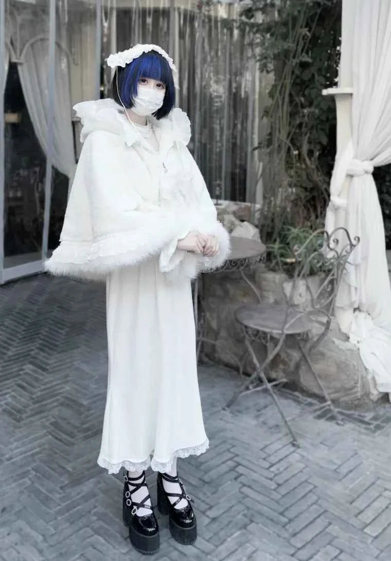 Japanese Mine Lace Splicing Cute Bow Lolita Shawl Jacket Autumn and Winter New Sweet Girl Loose Warm Plush Cape Coat Women