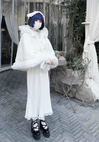 Japanese Mine Lace Splicing Cute Bow Lolita Shawl Jacket Autumn and Winter New Sweet Girl Loose Warm Plush Cape Coat Women