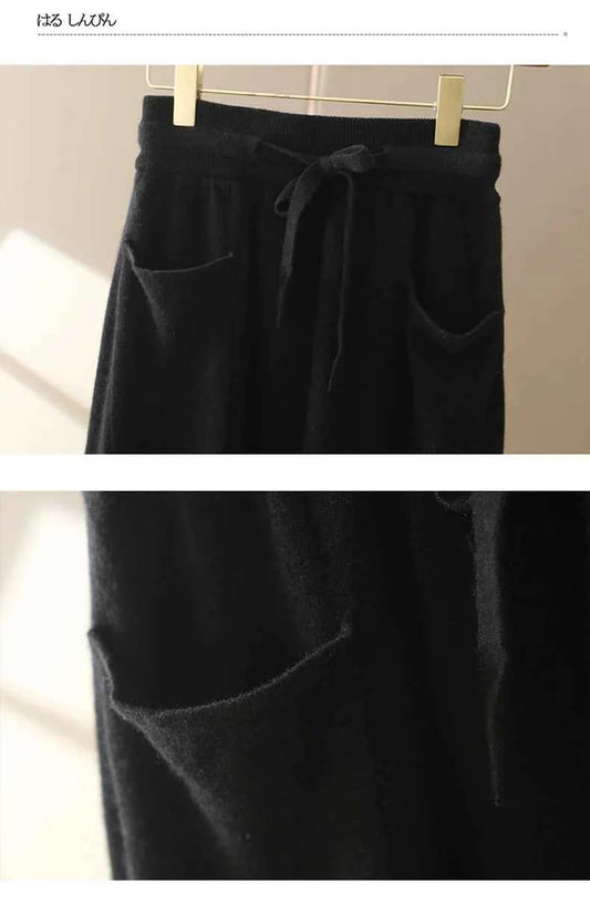 Autumn And Winter100% Pure Wool Skirt Women's Long Pocket Small A Skirt High Waist Slim Cashmere Knit A-Line Skirt