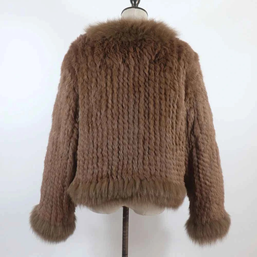 New Women Autumn Winter Knitted Real Rabbit Fur Coat 100% Natural Rabbit Fur Jacket With Fox Fur Collar Overcoat For Female