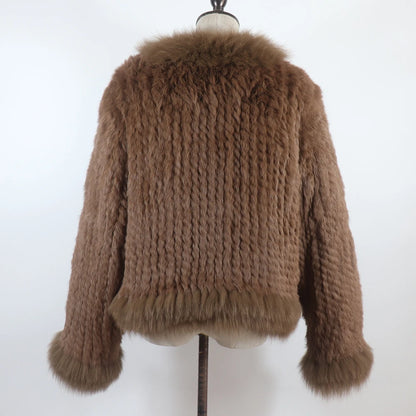 New Women Autumn Winter Knitted Real Rabbit Fur Coat 100% Natural Rabbit Fur Jacket With Fox Fur Collar Overcoat For Female