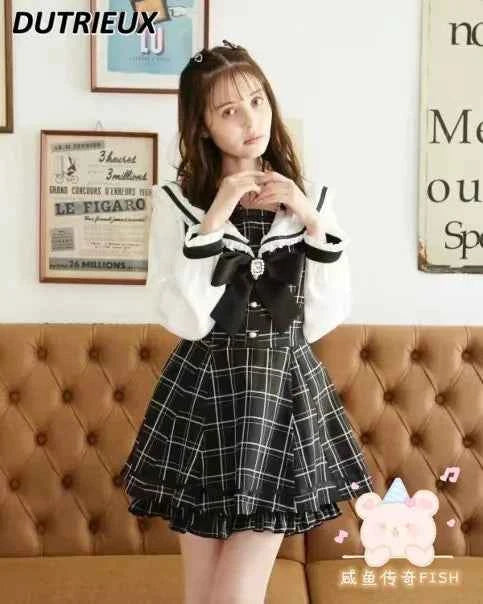 Japanese Style Women's Outfits Sailor Collar Plaid Rhinestone Bow Dress Shorts Set Sweet Lolita Mine Series Dress Two-Piece Suit