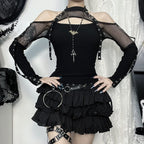 Goth Dark Fishnet Patchwork Off Shoulder Halter Top