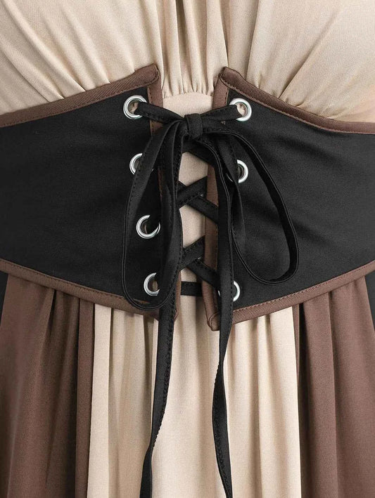 ROSEGAL Plus Size Women's Dress New Cold Shoulder Ruched Ruffles Colorblock Patchwork Lace Up Belted Vintage Corset Dresses Robe